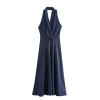 Vestido Vaquero de Estilo Europeo-Americano para Mujer Moda Sencilla con Cuello Colgante, Atado, Novedad de Verano - details 1