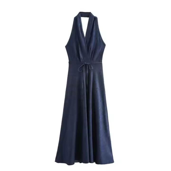 Vestido Vaquero de Estilo Europeo-Americano para Mujer Moda Sencilla con Cuello Colgante, Atado, Novedad de Verano - 1