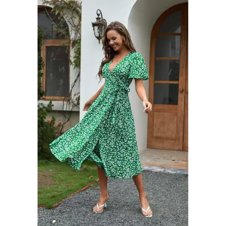 Verde 2025 Nuevos Vestidos Largos de Mujer con Estampado Explosivo, Cuello en V y Cintura Alta - 1