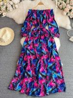 Vestido de playa estampado con hombros descubiertos, Vestidos ajustados A-e ral para mujer, vestido largo informal Vintage para primavera y verano - details 3