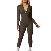 Monos de Yoga de manga larga acanalados para mujer, monos deportivos con cremallera frontal, ropa informal diaria para el hogar - details 3