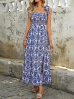Vestido de playa informal con tirantes para mujer, estampado azul y blanco, lazo con abertura lateral, cintura elástica, verano - details 1