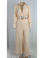 Women casual 2 pieces set elegant turn down collar long sleeve shirt and wide leg pants - details 9