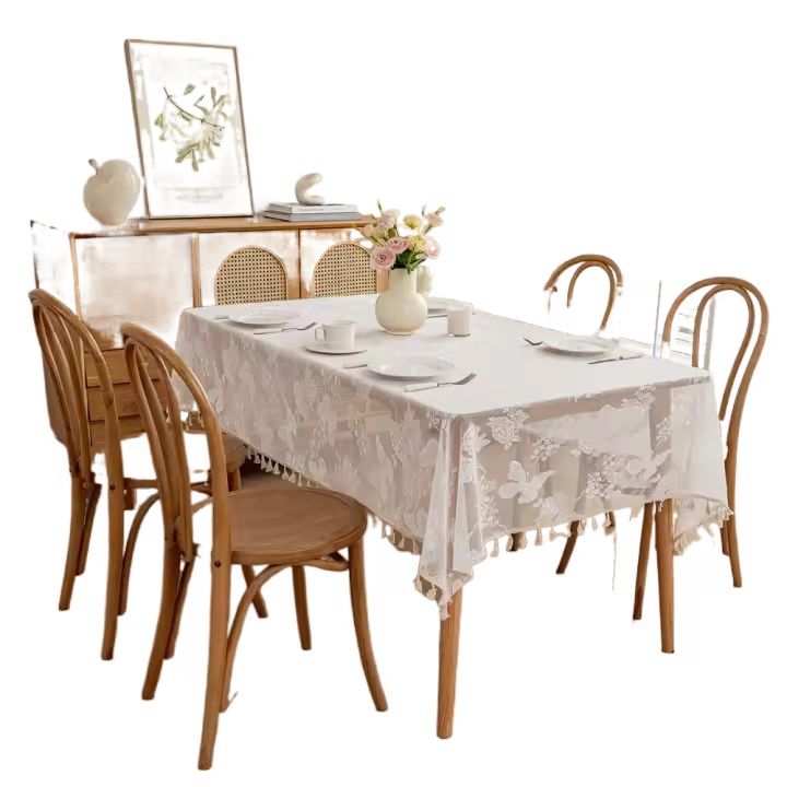 Mantel de encaje blanco translúcido con estampado de flores y mariposas, cubierta de mesa con borlas, tela decorativa para mesa bordada - 1