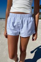 Pantalones cortos básicos cómodos e informales sueltos con botones de cintura elástica tejidos a rayas de verano para mujer - details 7