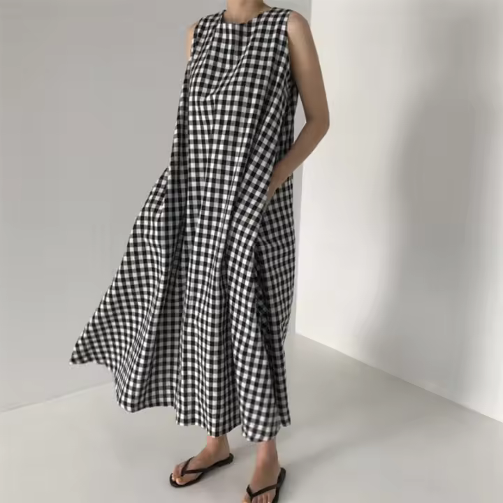 REALEFT-vestidos Vintage a cuadros para mujer, vestidos sin mangas de cintura alta, cuello redondo, sin mangas, informal, holgado, corte en A, verano 2024 - 1