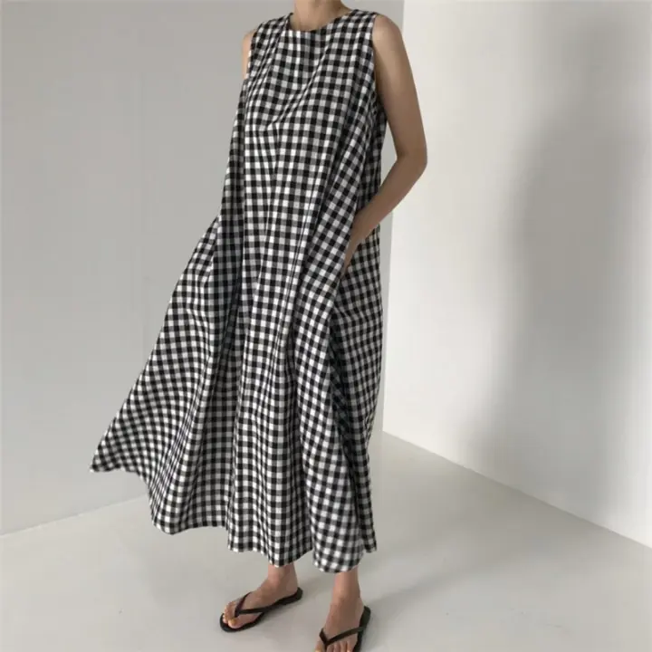 REALEFT-vestidos Vintage a cuadros para mujer, vestidos sin mangas de cintura alta, cuello redondo, sin mangas, informal, holgado, corte en A, verano 2024 - 1