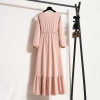 Vestido largo ajustado a la cintura con jersey de manga larga de color liso para mujer - details 6