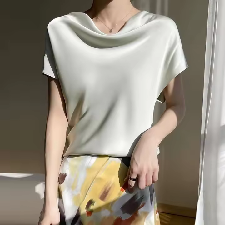 Camisetas de Seda para Mujer Cuello Redondo, Manga Corta, Color Sólido, Top Suelto, Jersey 5XL - 1