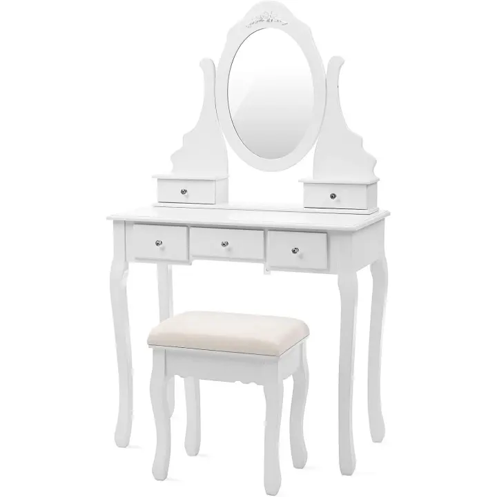 Tocador con Espejo, Mesa para Maquillaje, con Taburete y Cajones, Blanco RDT09W - 1