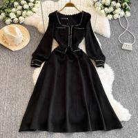 Vestido largo por debajo de la rodilla ajustado Vintage para mujer Otoño Invierno nuevo A-e cuello cuadrado de manga larga Fiesta Club Formal - details 0
