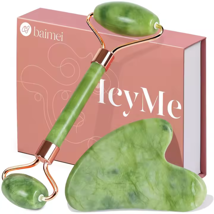 BAIMEI IcyMe Gua Sha & Jade Roller Herramientas faciales Rodillo facial y juego Gua Sha para hinchazón y enrojecimiento que reduce la rutina de cuidado de la piel, regalo de cuidado personal para hombres y mujeres - Verde - 1