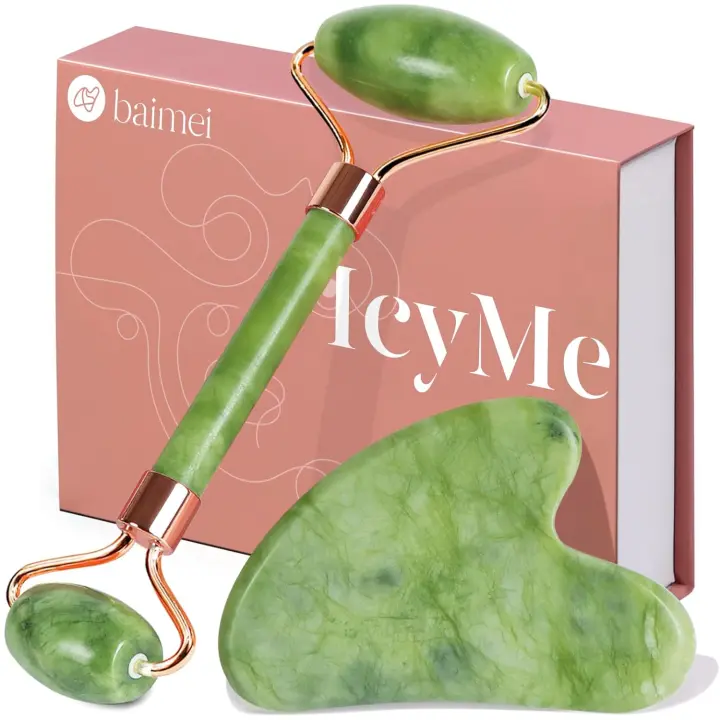 BAIMEI IcyMe Gua Sha & Jade Roller Herramientas faciales Rodillo facial y juego Gua Sha para hinchazón y enrojecimiento que reduce la rutina de cuidado de la piel, regalo de cuidado personal para hombres y mujeres - Verde - 1