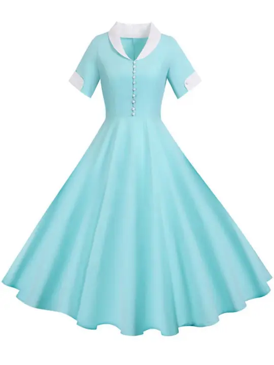 Women summer vintage a line short sleeve solid midi elegant casual party dress - 1