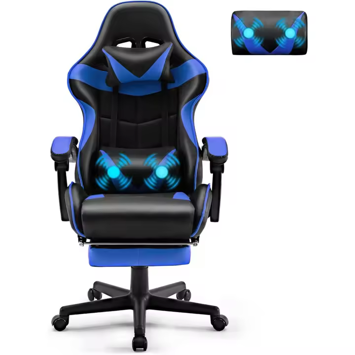Silla Gaming con Masajeador, Silla Gamer con Reposapiés Reposacabeza, Ergonómica, Cojín Lumbar de Masaje (Azul) - 1