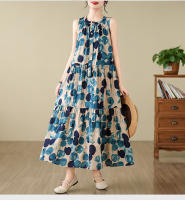 Vestido de Lino de Algodón para Mujer en Talla Grande Bohemia Cuello Redondo Sin Mangas Falda Larga de Ajuste Suelto Estampado - details 10