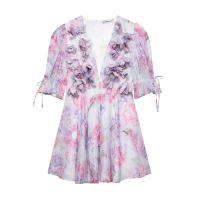 BUNO-Mini vestido estampado de manga acampanada con cuello en V para mujer, vestido plisado de cintura alta, vestido de fiesta de noche de verano, vestido de Club, moda Sexy - details 9