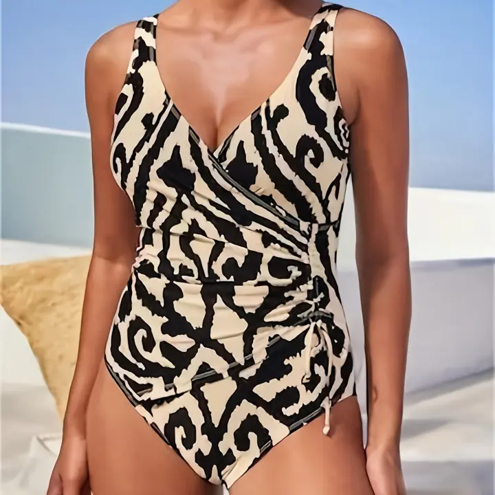 Traje de baño de una pieza estilo bohemio con estampado completo en la espalda, escote alto con cordón elegante y lateral - 1