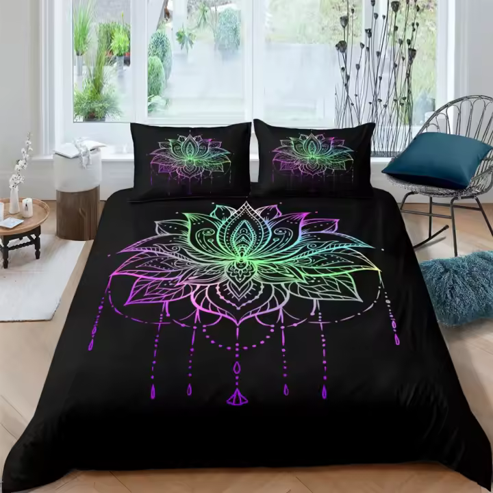 Juego de cama con funda de edredón, juego de funda nórdica de loto bohemio, funda de edredón con flores de Mandala, juego de cama de poliéster negro para adultos, Queen King Twin Teens - 1