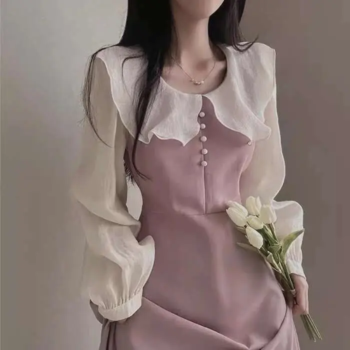 Elegante Vestido de Manga Larga Estilo Francés Vintage con Volantes Chic dulce Templamento - 1