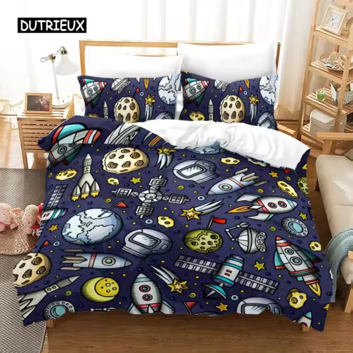 Cubierta de Edredón con Diseño de Universo de Dibujos Animados para Niños Arte Espacial Tapete de Cama con Sonido de Astronautas Decoración de Habitación de Adolescentes - 1