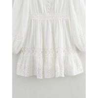 OUWU- 2025 Primavera Mujer Blanco Nuevo Vestido De Manga Larga Algodón Encaje Costura Mini Vestido Casual Playa Mujer Vestidos - details 4