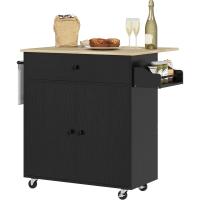 Cocina con ala abatible Carrito de cocina Mueble auxiliar de cocina con ruedas 2 puertas Cajón Especiero Toallero y estante ajustable 106x42x87 cm Negro y Roble - details 0