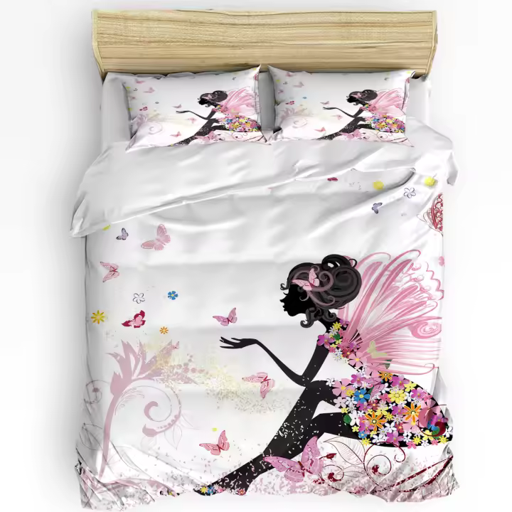 Cubierta de Edredón Rosa con Mariposa y Flor Hecha de Tela para Hogar Conjunto de 3 Piezas Incluye Funda de Almohada y Cubierta de Colchón Para Dormitorio de Niña - 1