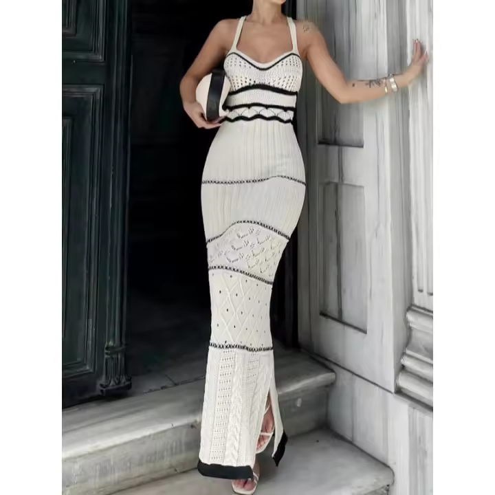 Vestido de punto con tirantes con abertura y textura para las vacaciones de verano - 1