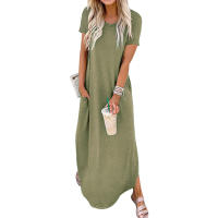 Vestido estilo camiseta con dobladillo curvado y cuello redondo con bolsillo liso para mujer, vestidos estilo francés para mujer, vestido largo informal y elegante de manga corta para verano, ropa de mujer para uso diario, vestidos de verano 2025 - details 1