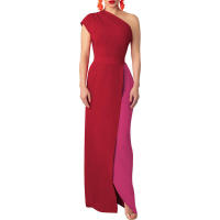 Invitada con un hombro largo y diseño de bloques de color Wo, estilo elegante, vestido de noche de boda de longitud media, vestido nquet para Wo, estilo, , - details 16