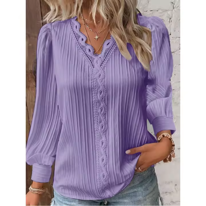 Blusa Elegante De Mujer En Chiffón Negro Con Diseño De Encaje Y Vuelta En El Cuello Simple Manga Flare Tratamiento De Hollow out Para Oficina - 1
