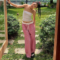 BUNO-Pantalones de encaje a rayas para mujer, Pantalones rectos de pierna ancha con cintura elástica y cordón, ropa de calle holgada para primavera y verano, pantalones de chándal informales - details 31