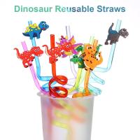 Pajitas reutilizables con diseño de dinosaurio para niños, suministros coloridos para fiestas, decoración para beber, de plástico, 8 piezas - details 5
