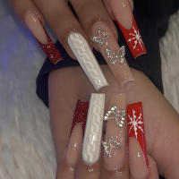 Uñas artificiales de mariposa brillante para mujeres y niñas, manicura francesa de 24 piezas, con borde rojo, para salón de uñas en casa - details 6