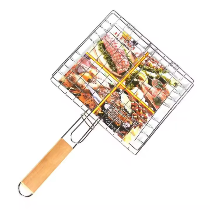 Herramienta de cocina al aire libre de malla para barbacoa, pescado a la parrilla, verduras, camarones, fila de mango portátil, acero inoxidable - 1