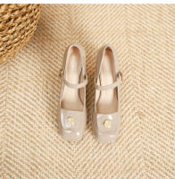Zapatos de punta cuadrada con tacón grueso y tacón alto plano con hebilla de flor pequeña - details 33