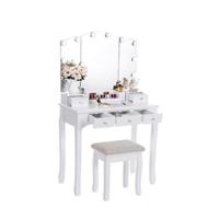 Tocador con Espejo Plegable Blanco y 10 Bombillas LED Mesa con 5 cajones 2 separadores para Manualidades Taburete Acolchado Organizador móvil BDT05W - details 9