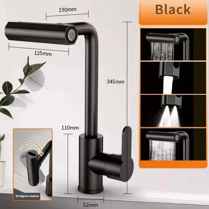 Grifo de Cocina Cascada 4 Modos Universal 360 ° Grifo para fregadero montado en cubierta de un solo orificio, frío y caliente, de acero inoxidable, con brazo oscilante giratorio - 1