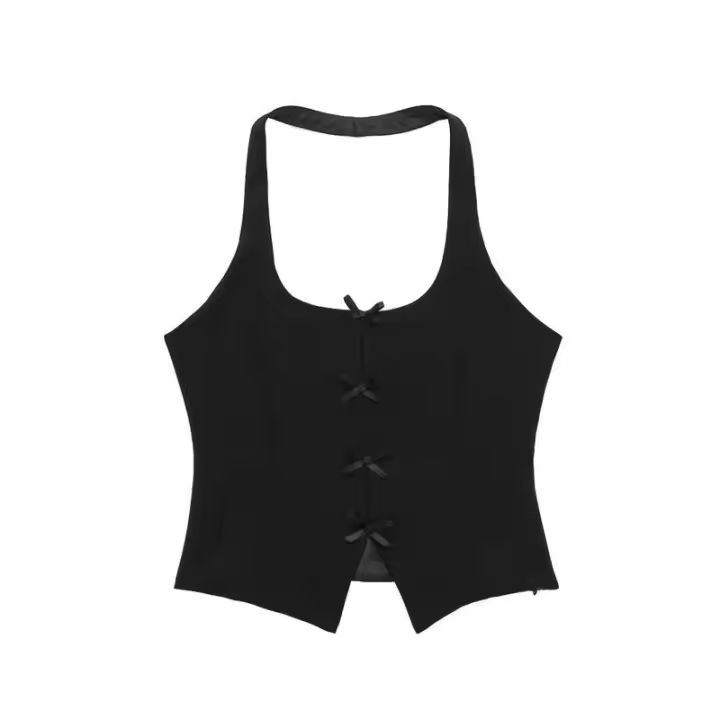 BUNO-Top con cuello Halter para mujer, camisetas sin mangas con espalda descubierta, camisetas sin mangas de satén Y2k con lazo, Top corto de playa para verano, moda informal en negro y blanco - 1