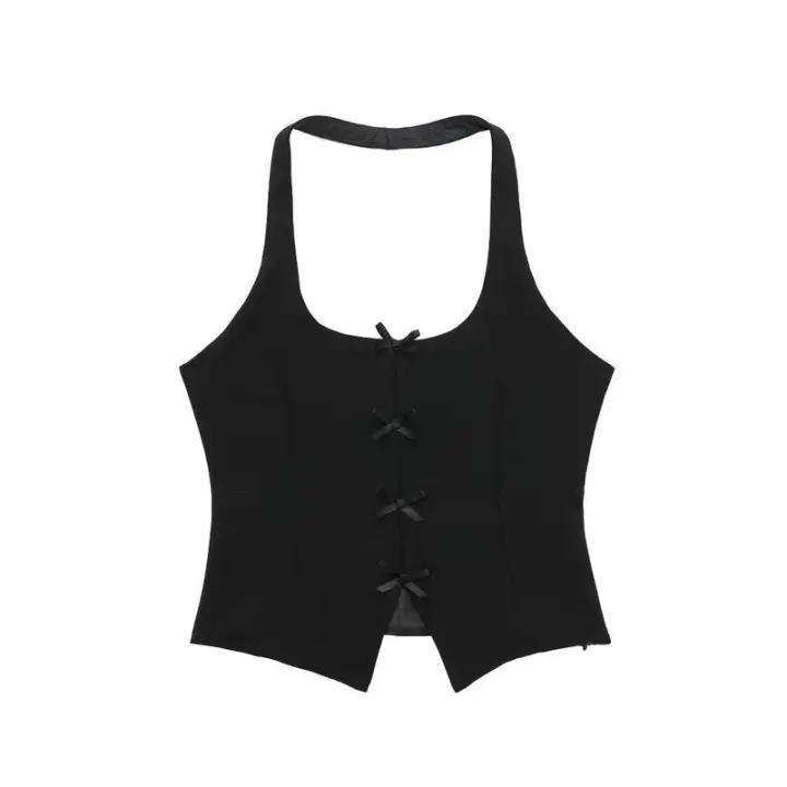 BUNO-Top con cuello Halter para mujer, camisetas sin mangas con espalda descubierta, camisetas sin mangas de satén Y2k con lazo, Top corto de playa para verano, moda informal en negro y blanco - 1