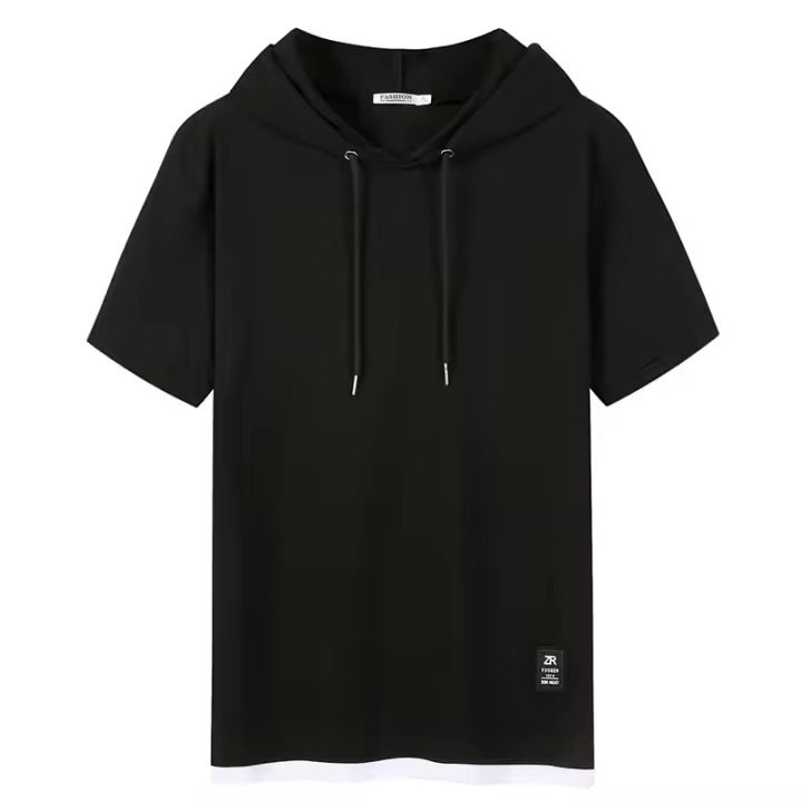 Verano algodón con capucha manga corta camiseta hombre holgada marca de moda color sólido falso dos piezas hombre top - 1