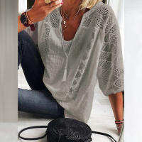 Blusa de Lino y Algodón para Mujer Cuello en V, Manga 3/4, Blusa Holgada Informal, Moda Diaria - details 12