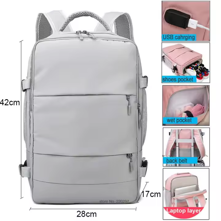 Bolsa de Montañismo Gimnasio Mujer Estudiantes con Carga USB Bolso de Hombro de Nailon Capacidad 20-50 Litros Ideal para Computadora Portátil Escuela y Uso Diario - 1