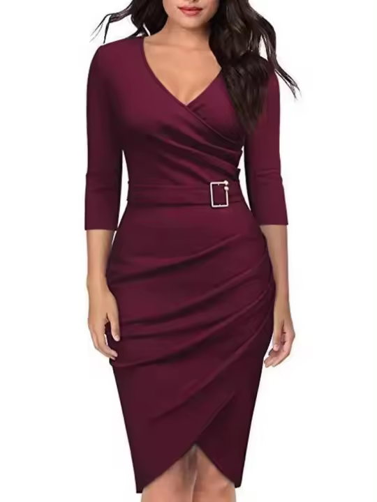 Vestido corto elegante de otoño para mujer, abrigo ajustado de manga larga con cuello en V, vestidos lisos de uso diario para mujer OL - 1