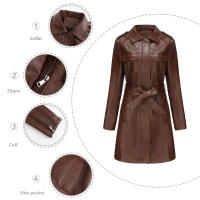 Gabardina cortavientos de piel sintética para mujer, chaquetas con cinturón, abrigo largo medio - details 27