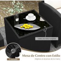 Conjunto de jardín exterior de ratán de 3 piezas, 1 mesa auxiliar de vidrio templado y 2 sillas con cojines, muebles de jardín terraza balcón exterior (negro) - details 36