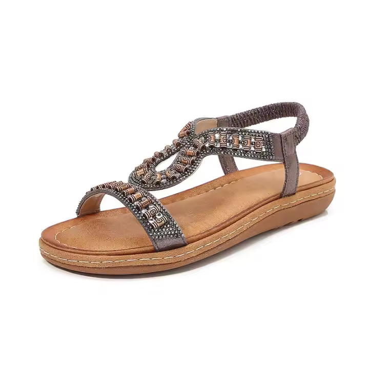 Sandalia 2025 sandalias de diamantes de imitación con punta redonda estilo plano ahuecado, zapatos cómodos de mujer para el verano - 1