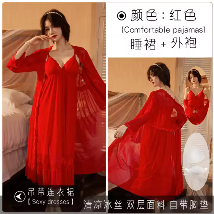 Sexy hilo de malla nuevo camisón para el hogar Conjunto de tirantes franceses pijamas con pechos pequeños y almohadillas grandes para el pecho - 1