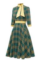 Vestido de Cuadros Vintage Hepburn para Mujer Otoño-Invierno Cuello Alto 3/4 Manga Retro con Lazo y Escote Ancho - details 4